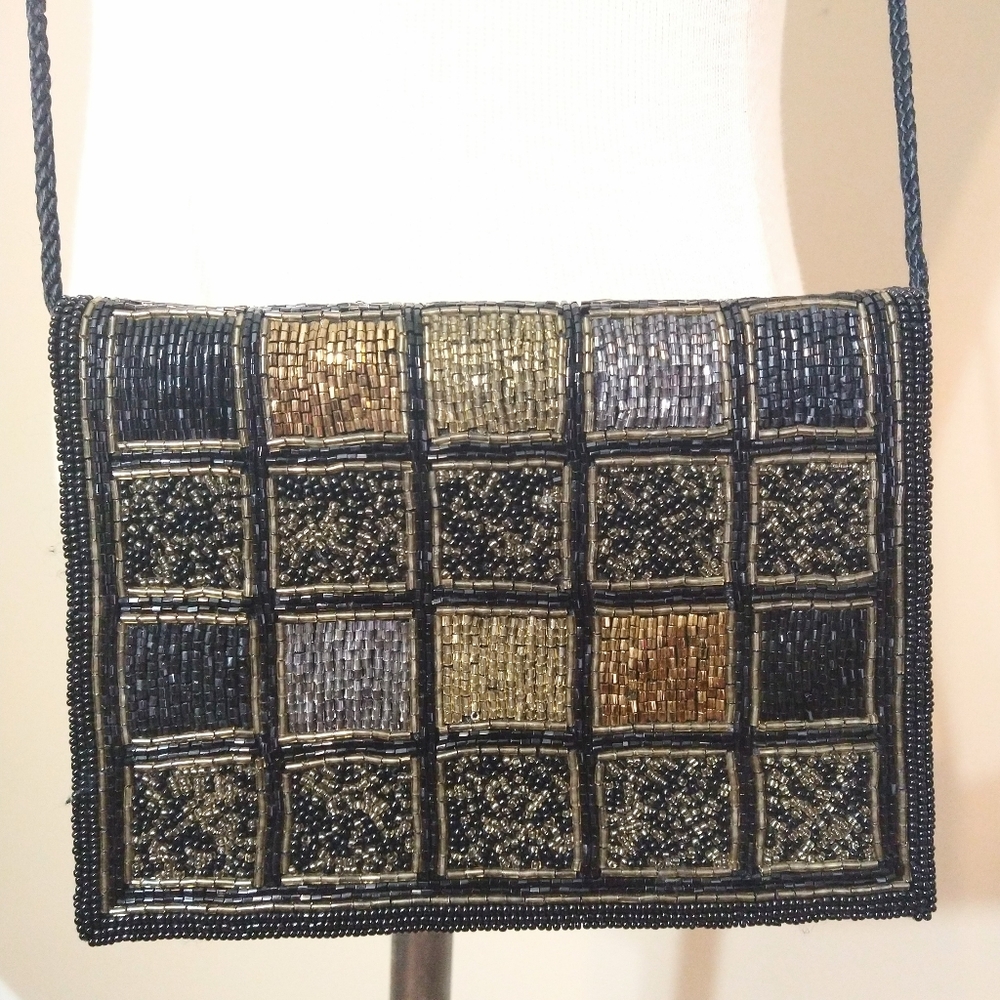 Vintage Lord & Taylor Beaded Black and Gold Purse